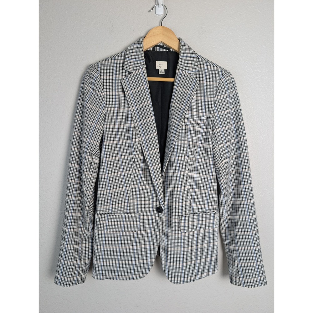 A New Day Womens Plaid Single Button Blazer Grey Blue Sz 4 Notched Lapel Pocket